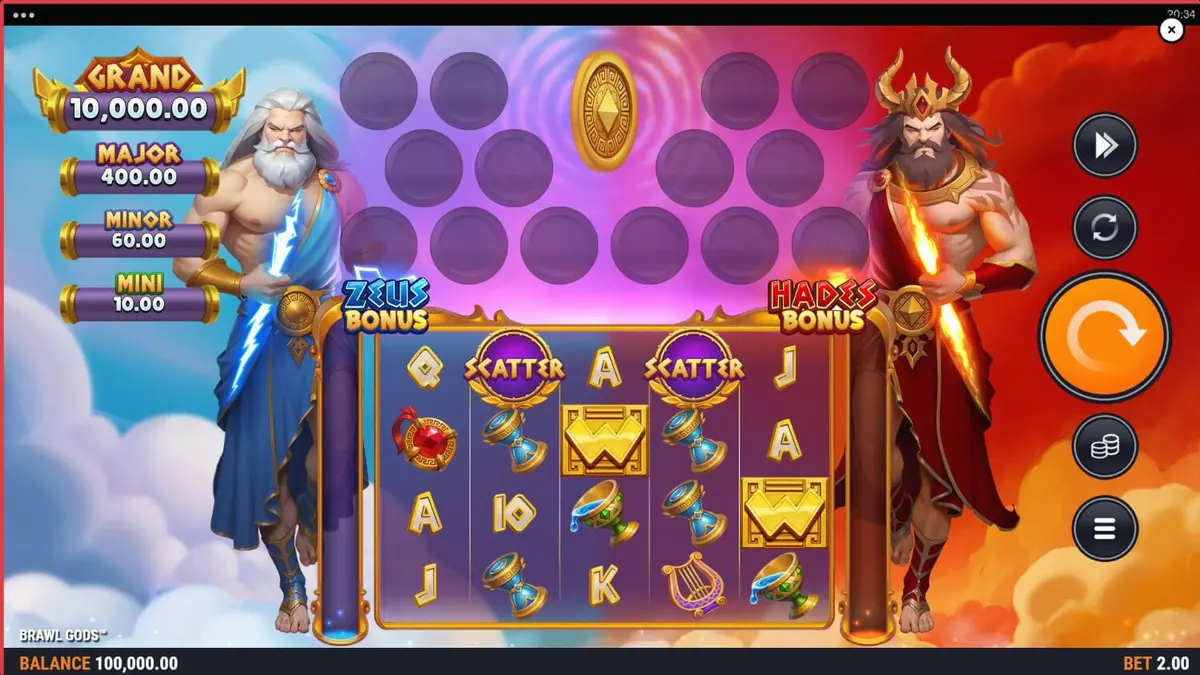 Tampilan visual slot Brawl Gods dengan desain layar terbagi antara Zeus dan Hades