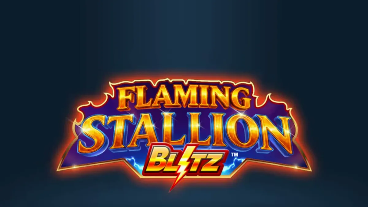 Tampilan antarmuka seluler Flaming Stallion Blitz dengan latar belakang gurun yang berapi-api